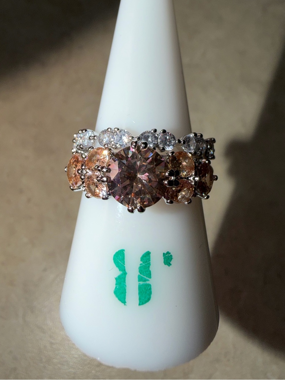 BP Size 8 two band ring-Happy and Joyful Smokey Topaz & Diamond CZ on Rhodium